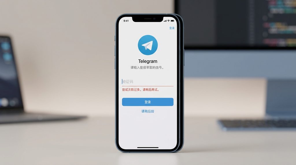 Telegram 登录界面显示“尝试次数过多”的警告提示,屏幕色彩柔和,UI设计现代化