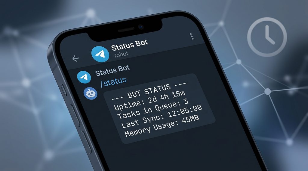 手机 Telegram 聊天窗口界面,机器人回复包含运行时间与任务状态的结构化代码块