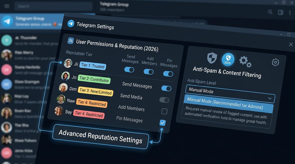一个Telegram群组设置界面，显示用户权限等级与反垃圾过滤选项的细节图