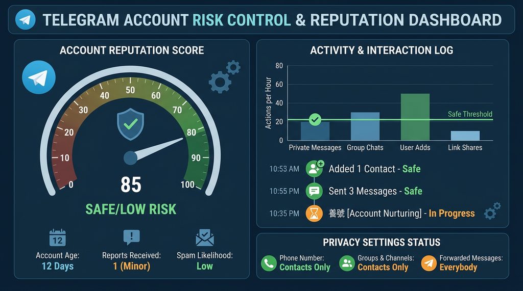 一个清晰的Telegram账号状态仪表盘,显示账号权重及操作记录的图标化展示