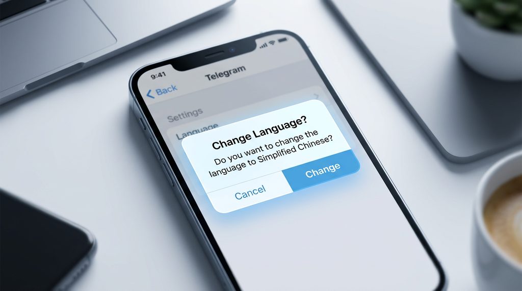 一个智能手机屏幕界面，显示Telegram设置中的语言切换弹窗，界面简洁现代