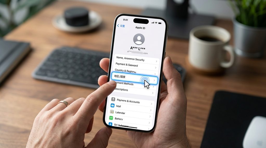 展示用户在 iPhone 设置中点击 Apple ID 账户详情界面，强调地区/国家选项的交互场景
