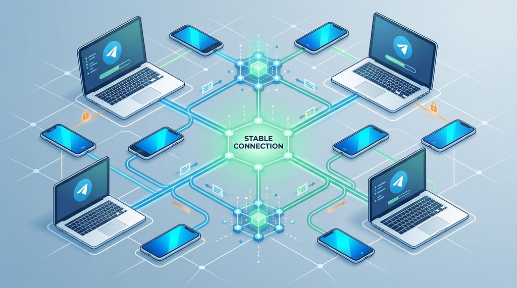 一张展示多台电脑与手机设备连接网络节点的示意图,风格现代简洁,体现网络连接的稳定性