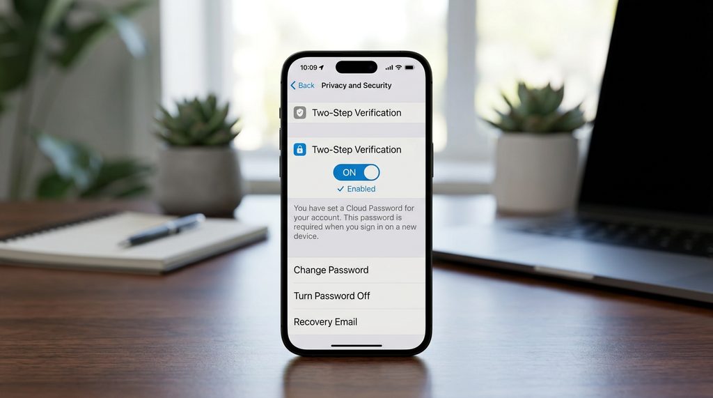 一个清晰的智能手机屏幕界面,显示Telegram设置菜单中“两步验证”的激活开关,风格简洁明了