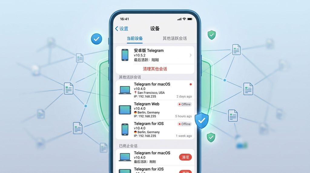Telegram设置界面中设备管理列表的截屏模拟图,显示已连接的设备列表
