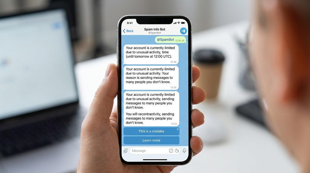 手机屏幕显示@SpamBot对话界面,简洁的英文申诉按钮示例