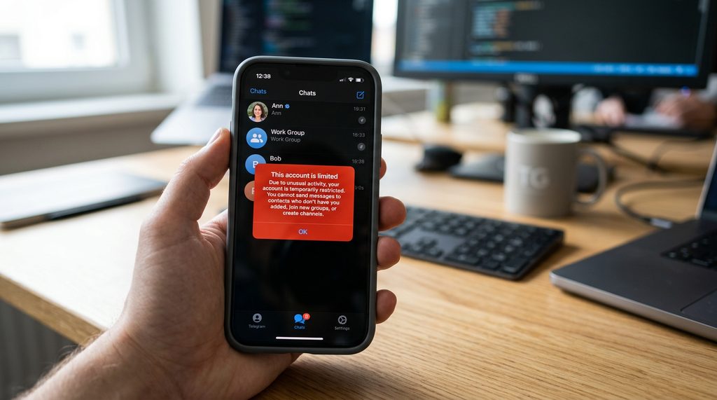 一张展示 Telegram 手机端报错界面的特写照片，界面显示“This account is li