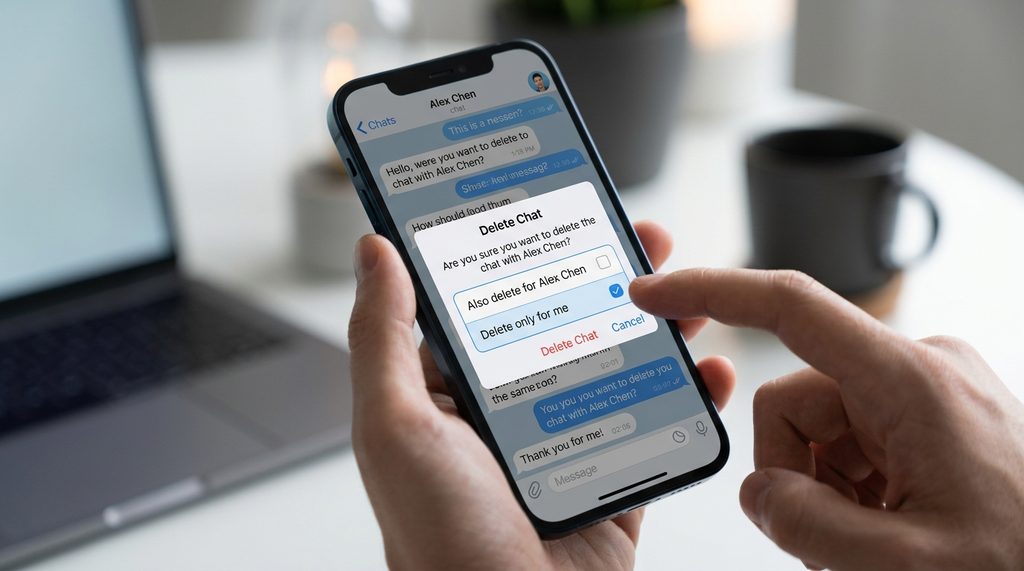 一部智能手机屏幕显示 Telegram 删除对话时的弹窗选项,包含“删除我的记录”和“为对方也删除”