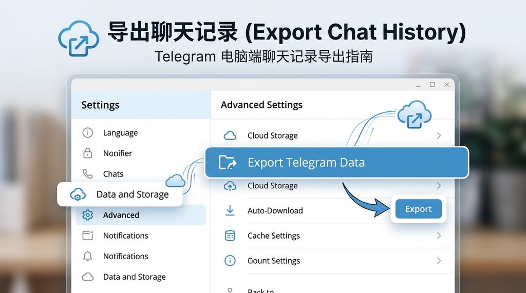 Telegram PC 端设置界面,展示“导出聊天记录”功能的操作流程,界面简洁且带有图标指示