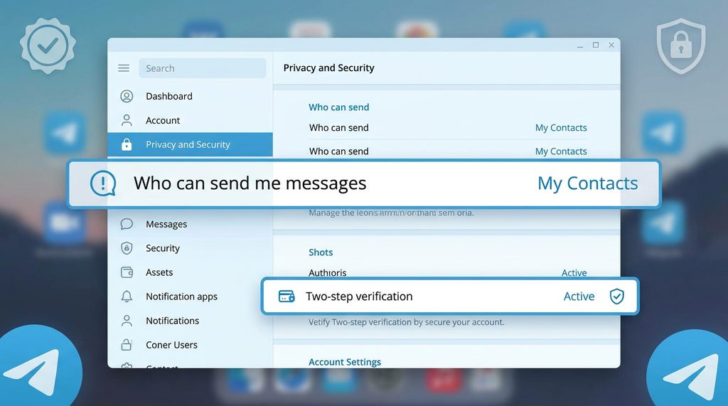 Telegram 隐私设置页面截图，高亮显示“谁可以给我发消息”和“两步验证”功能的设置选项，界面清