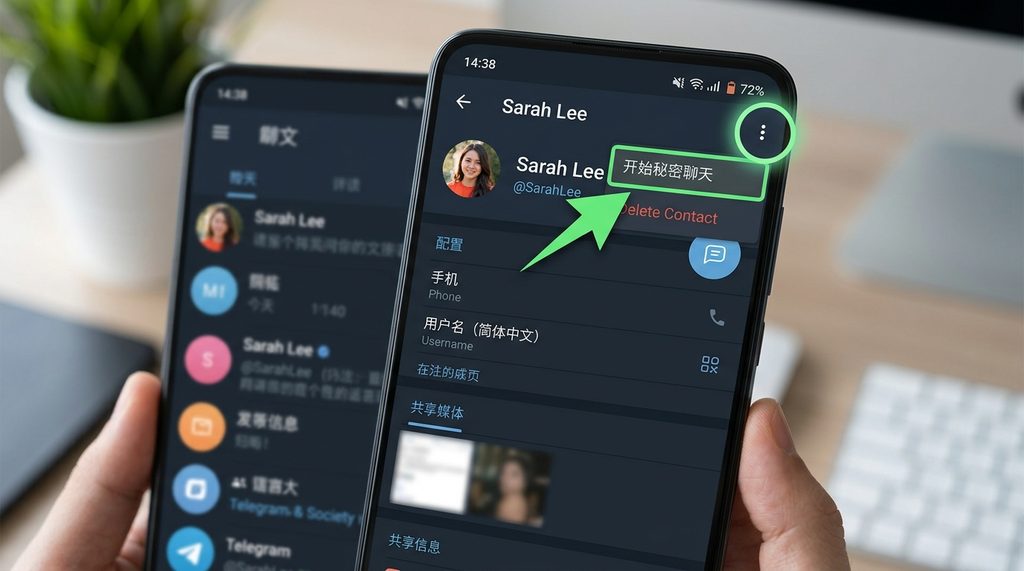 手机界面截图,展示点击联系人头像后进入更多选项,并选中“开始秘密聊天”的引导箭头