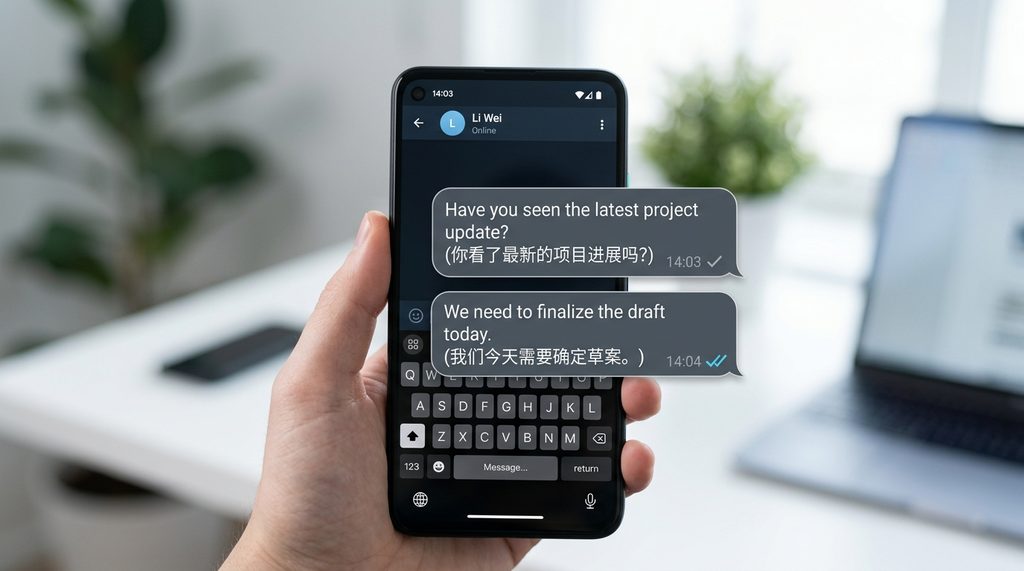 Telegram 聊天界面特写,展示单勾号与双勾号在消息气泡旁的对比状态,背景简洁清晰