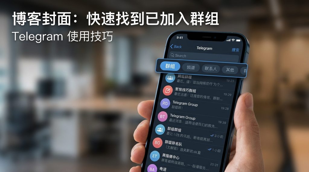Telegram手机端搜索界面,展示搜索栏下方点击“群组”过滤标签的截图,简洁现代UI风格