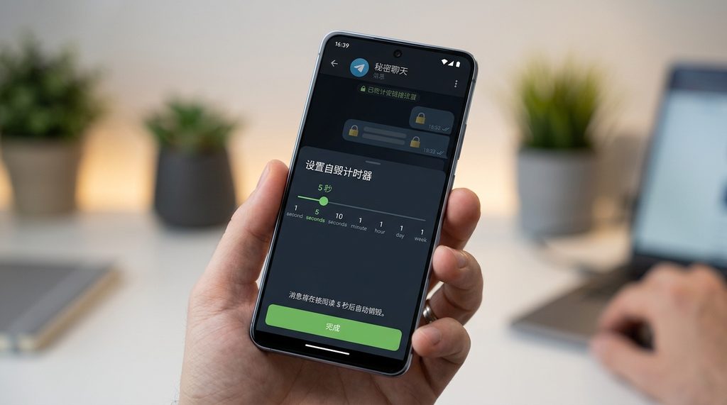 手机屏幕画面,展示自毁计时器设置面板,滑块处于选择5秒删除的状态