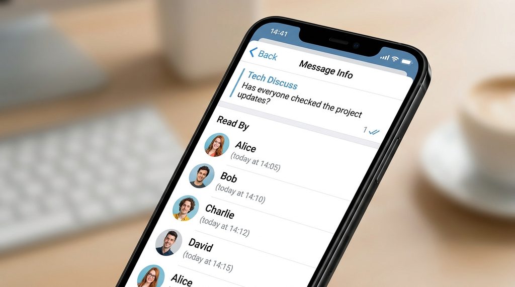 手机屏幕显示 Telegram 群组信息详情页,界面清晰列出已读成员列表与时间戳