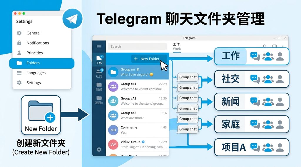 Telegram桌面端设置界面,展示聊天文件夹创建与分类管理的逻辑演示图