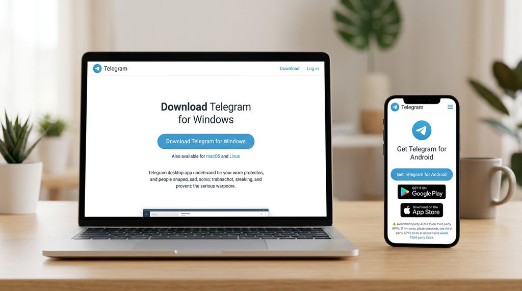 智能手机和笔记本电脑并排摆放，屏幕上显示着 Telegram 官方下载页面的简洁界面，光线柔和，科技