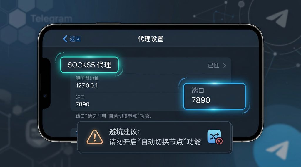 一张简洁的手机界面截图，展示了Telegram设置中SOCKS5代理的配置界面，重点标注了端口号和协