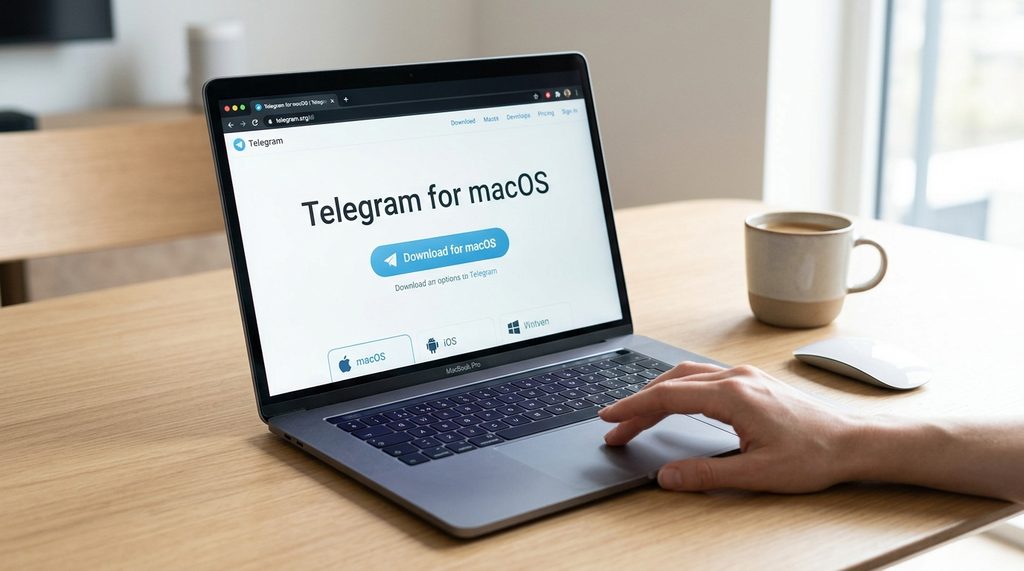 一台苹果电脑打开了Telegram官网的下载页面,屏幕清晰显示macOS版本下载按钮,背景简洁明快