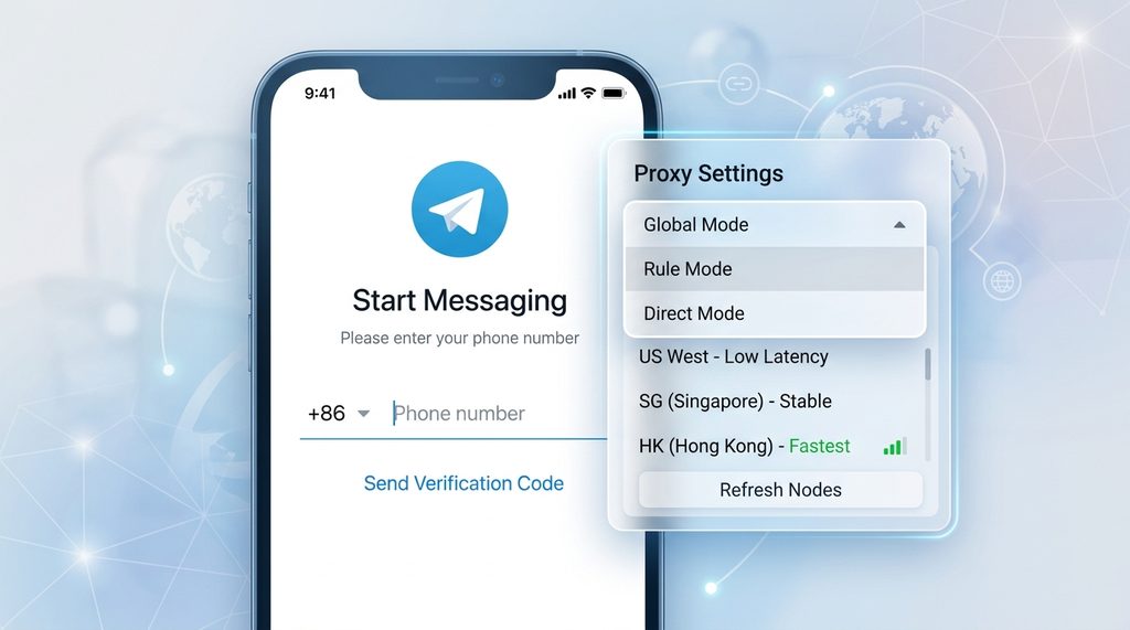 一张简洁的手机界面截图，显示 Telegram 登录页面，旁边放置一个用于调整代理节点设置的悬浮窗，