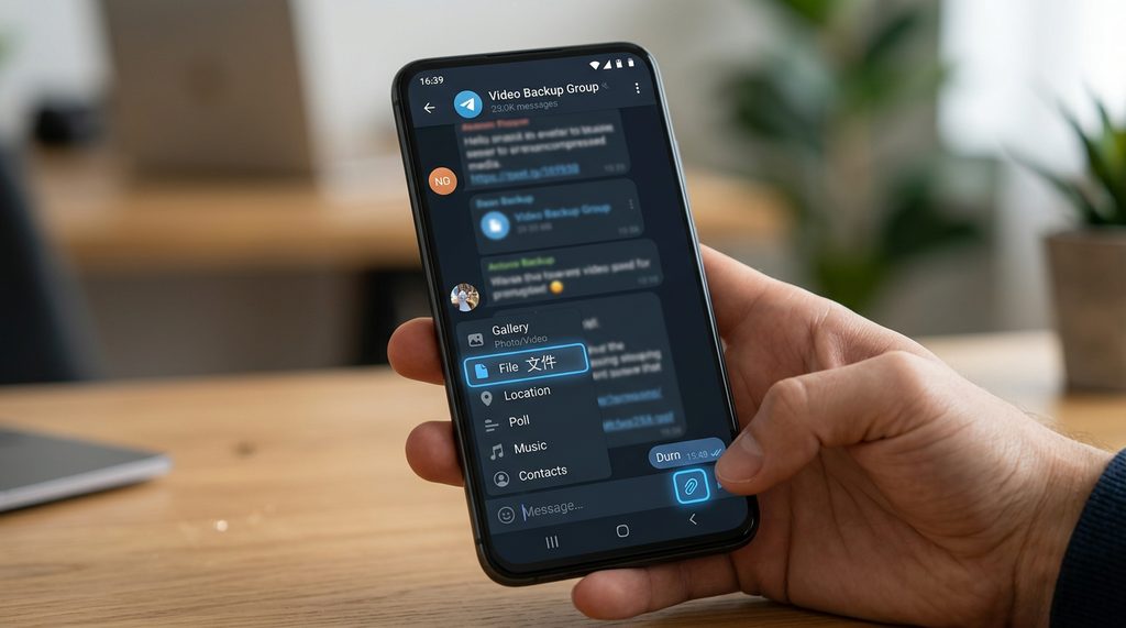 一张 Telegram 手机端操作界面的特写图,展示点击“回形针”图标后弹出选择“文件”选项的菜单,