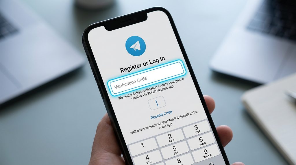 智能手机屏幕特写，显示 Telegram 的账号登录注册界面，界面背景为蓝白配色，清晰简洁，高亮显示