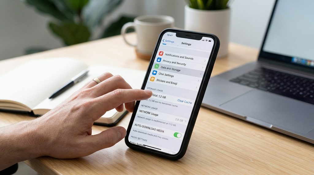 一位用户正在操作 Telegram 设置界面的手机特写，画面简洁，侧重于数据管理菜单