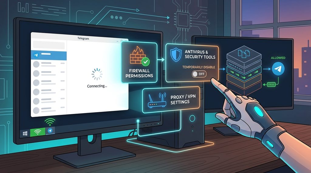 电脑桌面上运行的Telegram应用，任务栏旁边显示着网络连接图标，风格现代且具有极客感，表现排查网