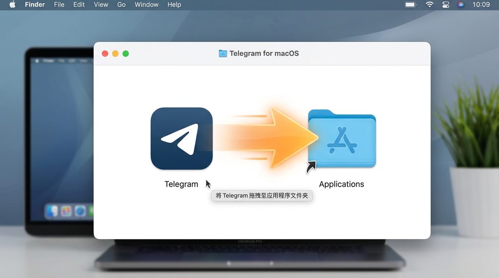 macOS系统安装界面,将Telegram图标拖拽进应用程序文件夹的动画截图风格,清晰直观