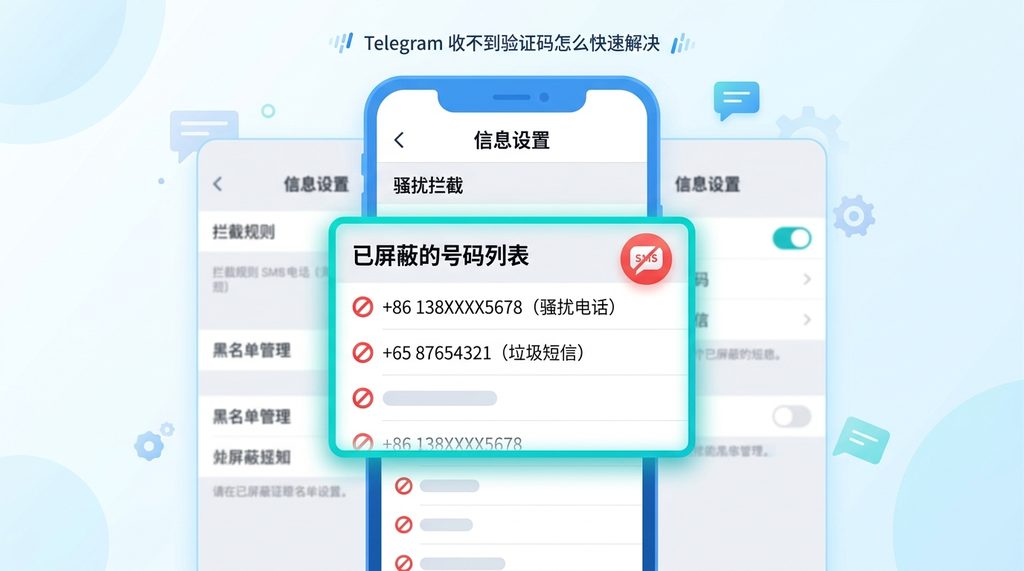 手机短信过滤设置界面的示意图，突出显示已屏蔽的号码列表区域，风格清晰易懂