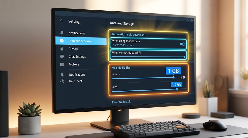 电脑屏幕展示 Telegram 设置菜单中的“数据与存储”页面,高亮显示“自动媒体下载”和“最大视频