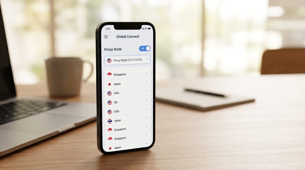 一个简洁的手机屏幕截图，展示了网络代理工具的切换界面，背景为柔和的办公桌桌面