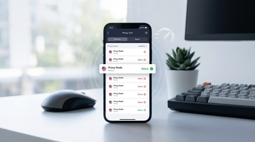一个手机屏幕显示网络代理工具列表，其中一个节点显示绿色延迟数值，背景为简洁的工作室环境