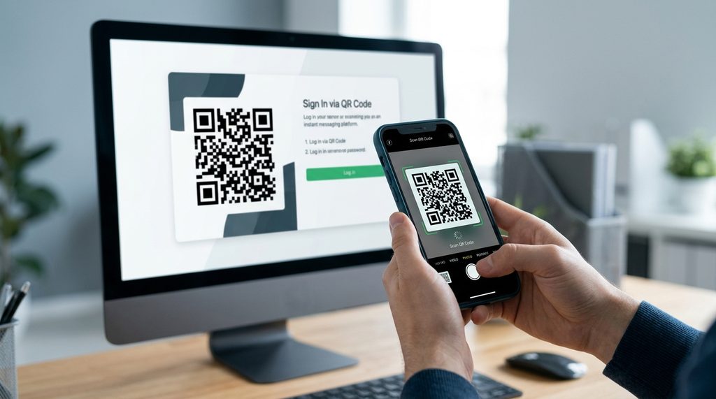 一部手机正对准电脑屏幕上的Telegram二维码进行扫描的特写，背景简洁，体现高效连接