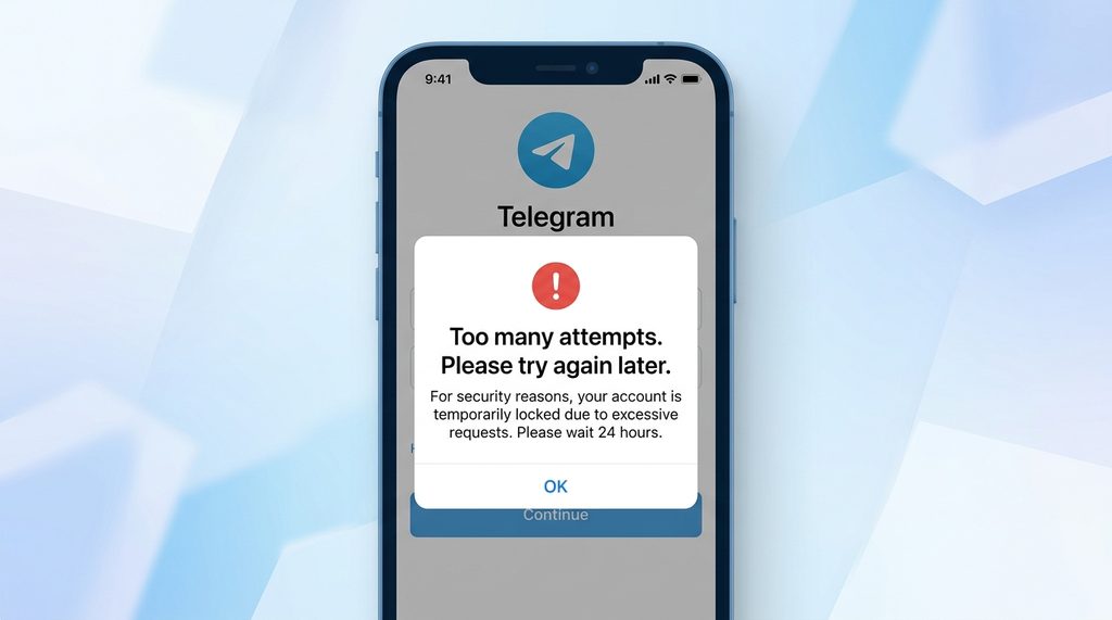 一张 Telegram 登录界面的警告提示框示意图，背景色调简洁，突出显示“Too many att