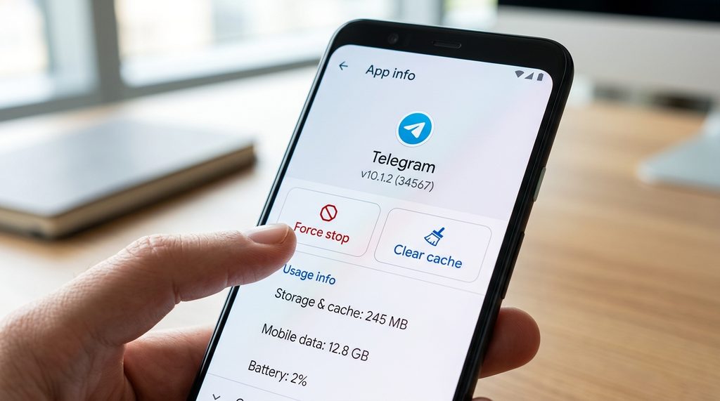 手机设置界面中点击“强制停止”和“清除缓存”按钮的细节展示，光线明亮，图标清晰