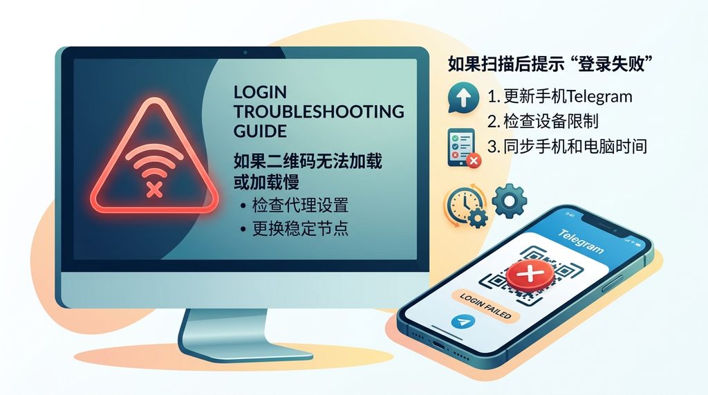 一个故障排查的示意图，展示电脑屏幕显示网络连接错误图标，旁边放置手机，简洁的图标设计