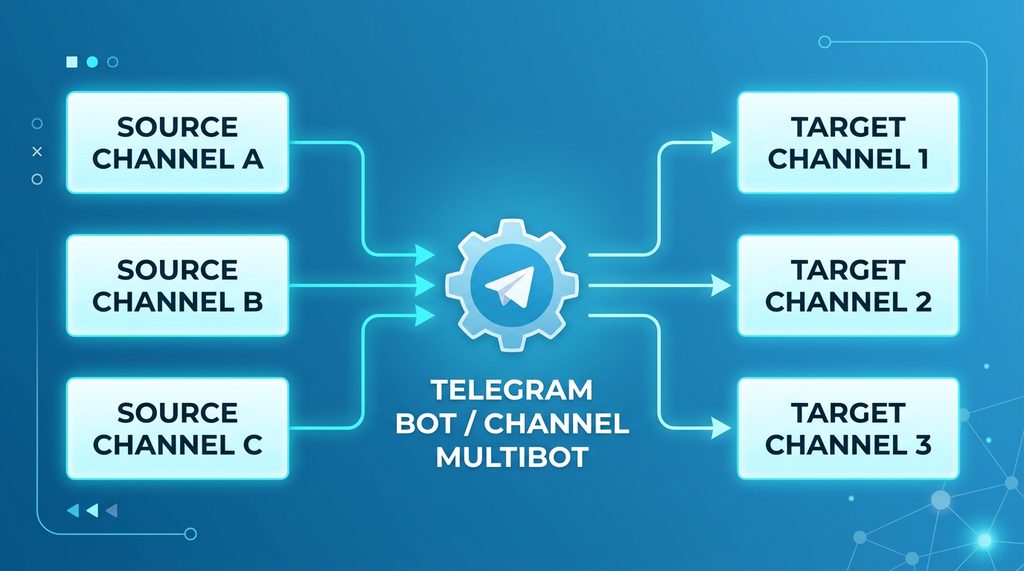 简约风格的自动化工作流示意图,展示了从源频道通过机器人自动同步消息到多个目标频道的逻辑线,背景色调为