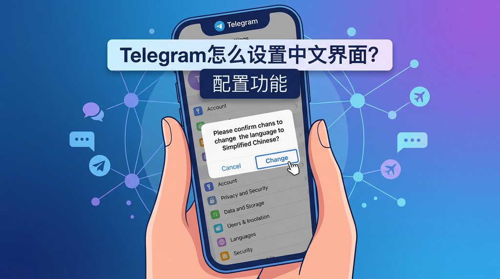 一部智能手机的屏幕截图,显示Telegram设置界面中选择简体中文语言包的弹窗提示,界面清晰简洁