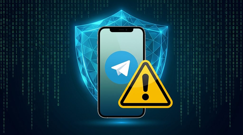 一个警示图标叠加在手机屏幕上,屏幕显示Telegram应用图标,背景带有抽象的安全盾牌和黑客代码矩阵