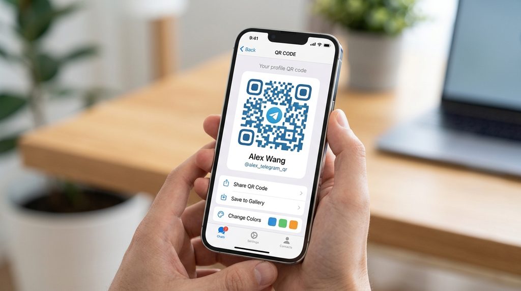 一台智能手机屏幕展示Telegram个人二维码页面的高清实拍图,界面简洁明亮