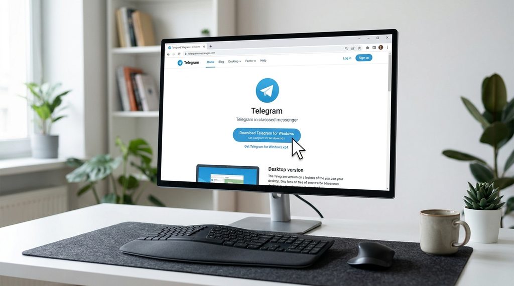 一台现代简约的办公桌上，电脑屏幕显示 Telegram 官网下载页面，鼠标光标悬停在下载按钮上，背景