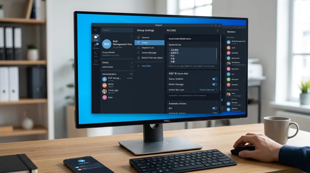 Telegram群组管理员设置界面,展示关键词过滤和自动禁言选项,简洁直观的控制面板