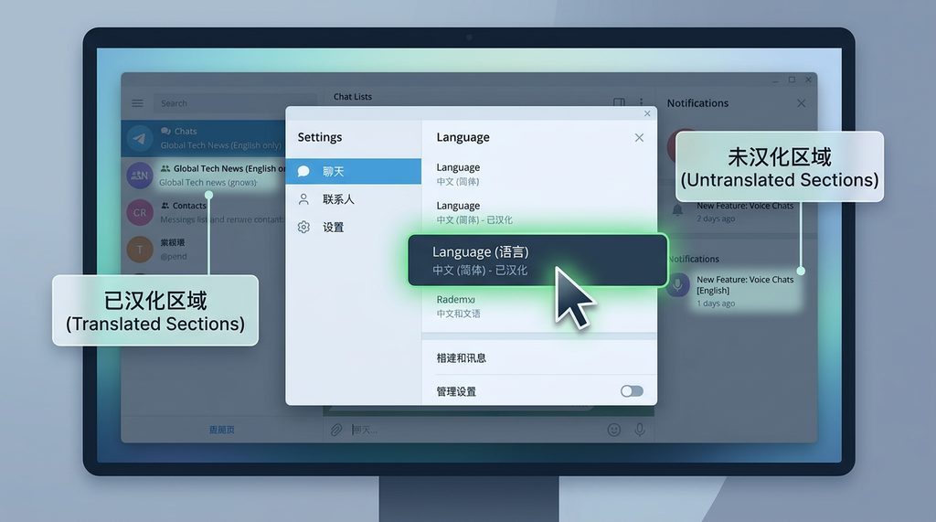 Telegram电脑版界面展示,鼠标悬停在语言设置选项上,周围展示着已汉化和未汉化的对比区域