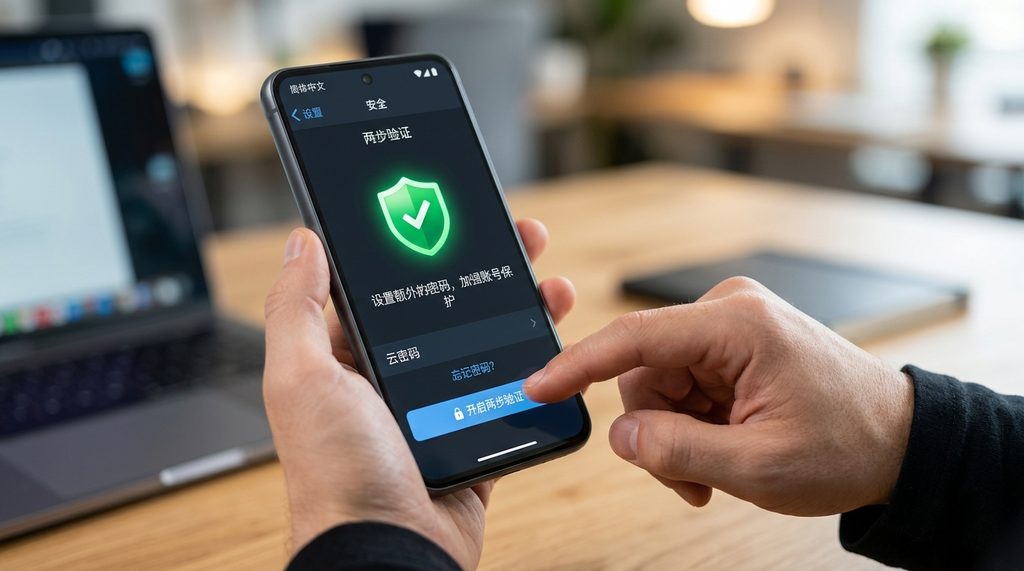 手指点击手机屏幕上的“两步验证”设置界面,界面显示绿色盾牌图标,高清晰度,强调安全设置的操作流程