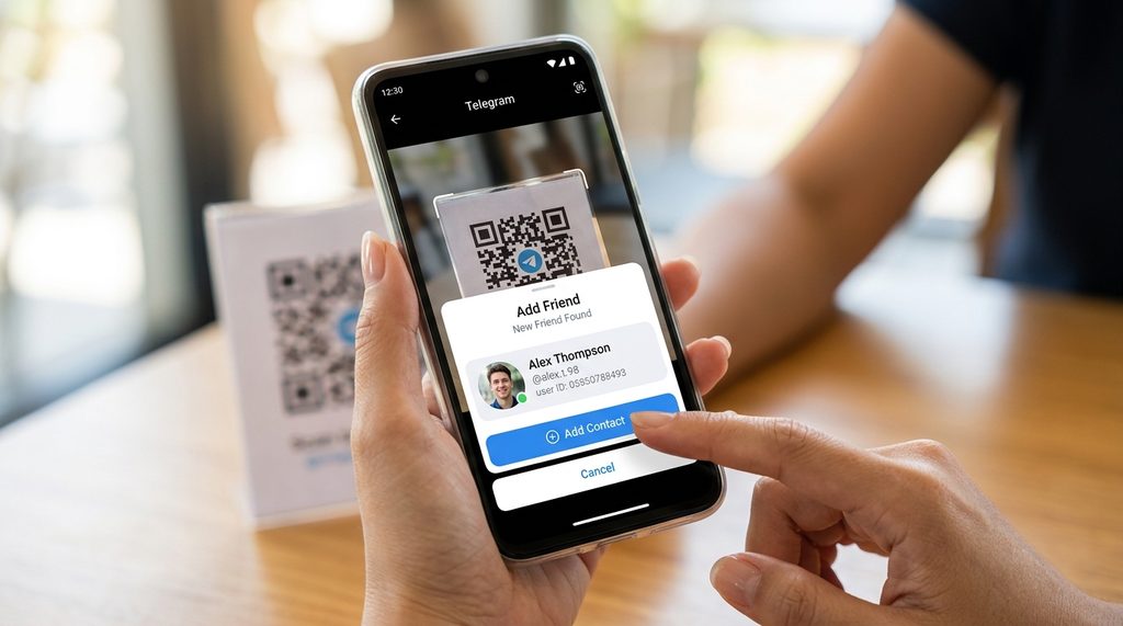 用户在手机上操作扫描二维码的特写视角,屏幕显示成功识别并弹出添加好友确认框