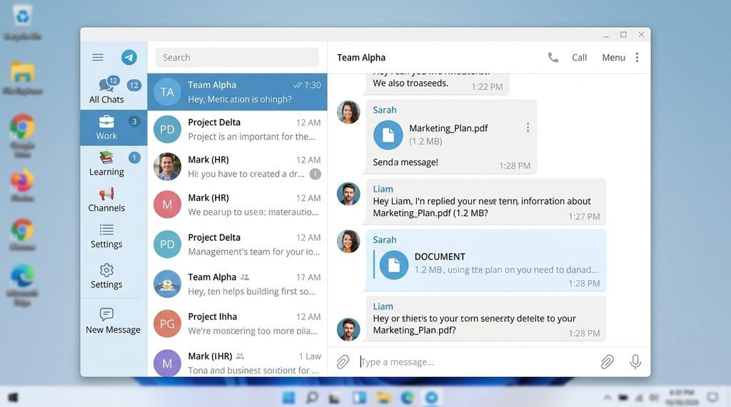 Telegram 电脑版桌面截图，界面左侧展示了文件夹分类视图，中间是流畅的聊天窗口，整体配色简洁清