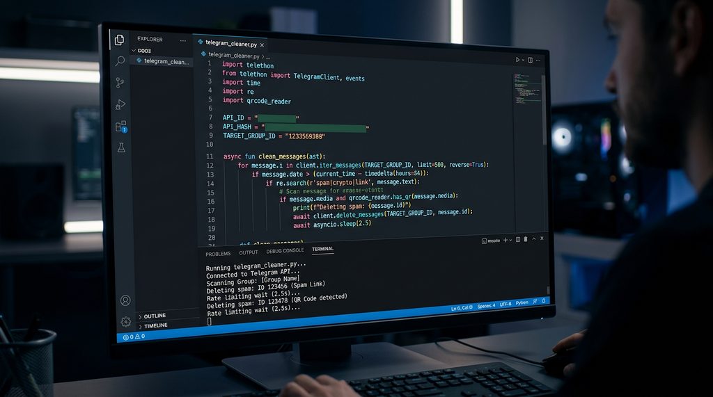 代码编辑器界面,显示 Python 脚本控制 Telegram API 进行消息清理的逻辑,现代感深