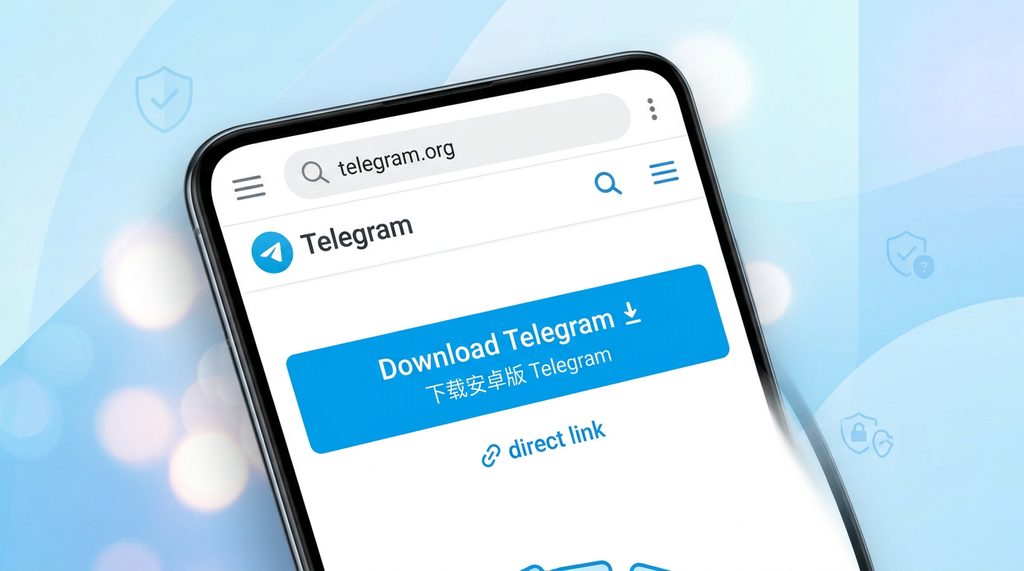 一个简洁的手机浏览器界面，显示 Telegram 官网下载页面，按钮清晰突出，背景干净