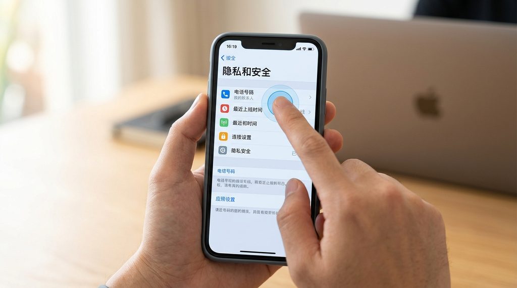 展示 Telegram 隐私设置界面,手指正在点击“电话号码”选项的手机屏幕特写,界面简洁清晰